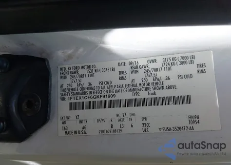 2016 Ford F-150 Xl from USA, damaged, VIN 1FTEX1CF6GKF91909